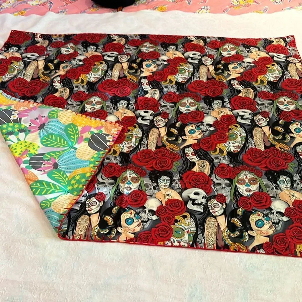 Tapestry Small Blanket Hand Embellished Sugar Skulls Cactus Hand Crocheted